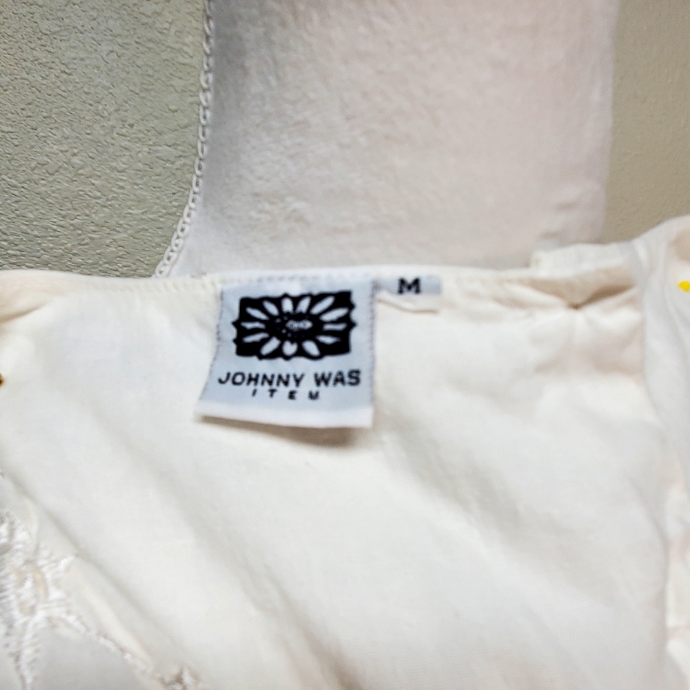 Johnny Was White Floral Embroidered Midi Dress 100% Linen Size Medium - Picture 6 of 9
